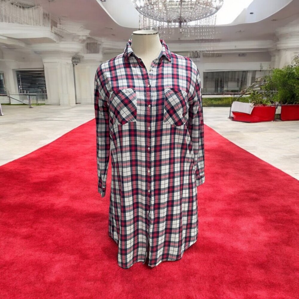 Poof! Women's Plaid Long Sleeve Button-Up Shirt Dress‎ XL